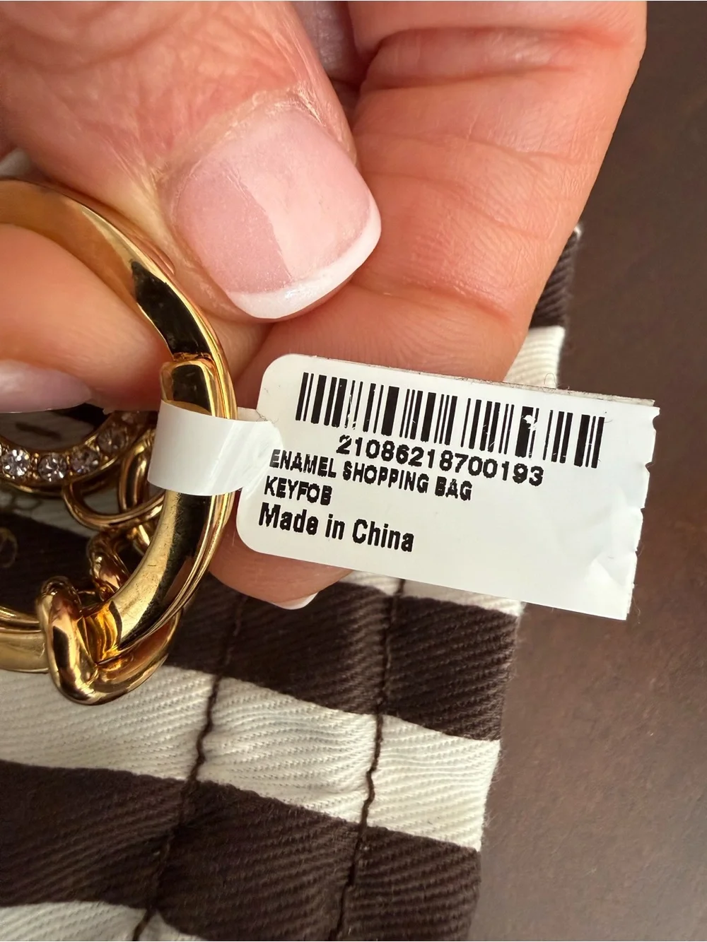 henri bendel Black and White Striped Enamel Bag Charm Keyring with Gold Hardware